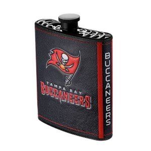 🏈 NEW! TAMPA BAY BUCCANEERS FLASK WITH FUNNEL INCLUDED-PLASTIC- PU LEATHER WRAP